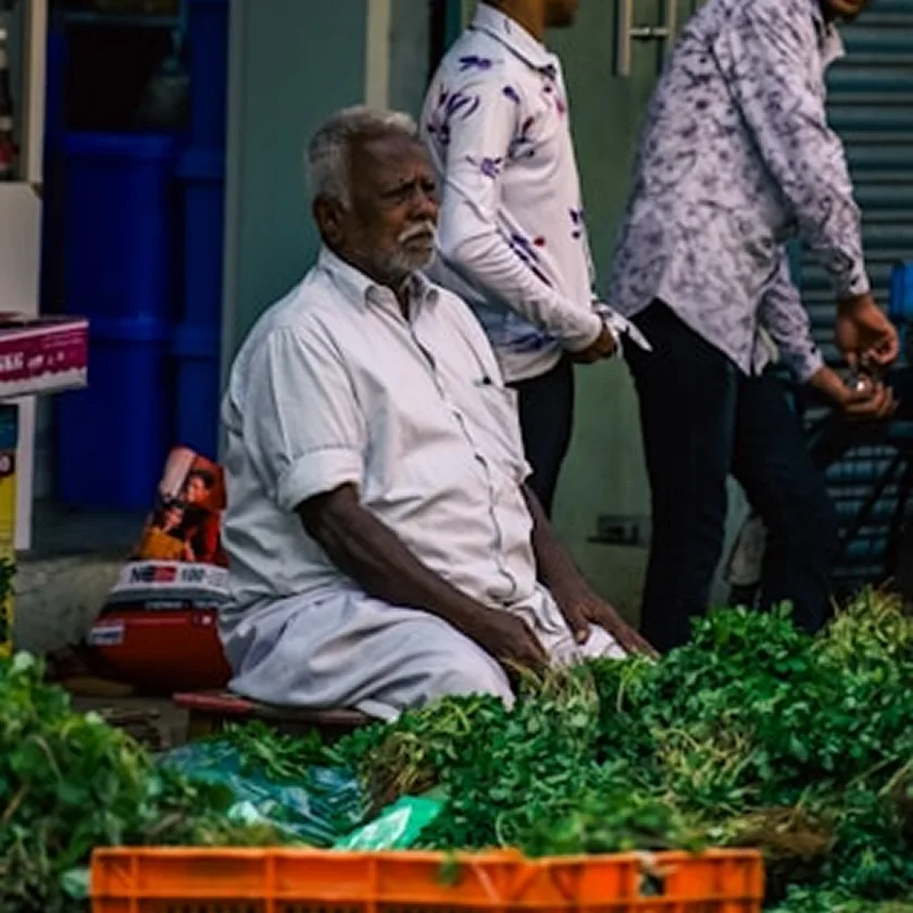 An older adult selecting fresh leafy greens at a produce market
