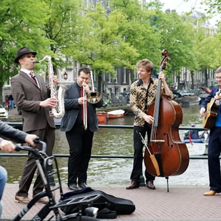 Young musicians perform together as a jazz combo outdoors.